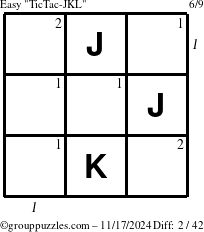 The grouppuzzles.com Easy TicTac-JKL puzzle for Sunday November 17, 2024 with all 2 steps marked