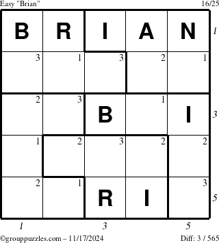 The grouppuzzles.com Easy Brian puzzle for Sunday November 17, 2024 with all 3 steps marked