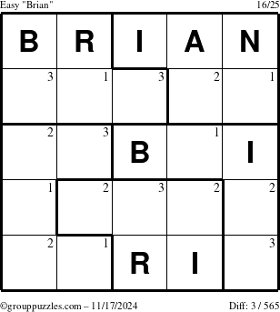 The grouppuzzles.com Easy Brian puzzle for Sunday November 17, 2024 with the first 3 steps marked