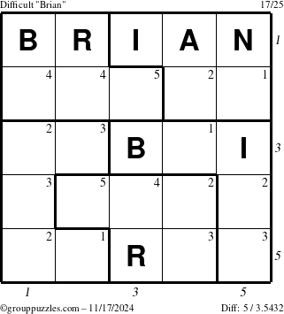 The grouppuzzles.com Difficult Brian puzzle for Sunday November 17, 2024 with all 5 steps marked