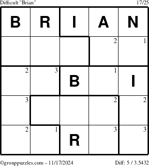 The grouppuzzles.com Difficult Brian puzzle for Sunday November 17, 2024 with the first 3 steps marked