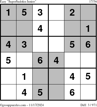 The grouppuzzles.com Easy SuperSudoku-Junior puzzle for Sunday November 17, 2024