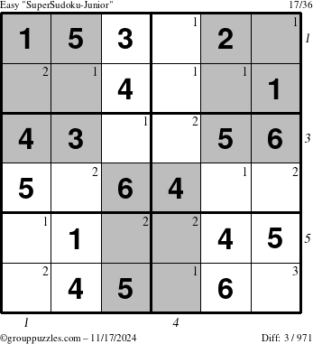 The grouppuzzles.com Easy SuperSudoku-Junior puzzle for Sunday November 17, 2024 with all 3 steps marked