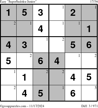 The grouppuzzles.com Easy SuperSudoku-Junior puzzle for Sunday November 17, 2024 with the first 3 steps marked