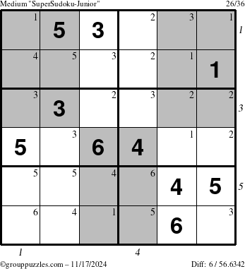 The grouppuzzles.com Medium SuperSudoku-Junior puzzle for Sunday November 17, 2024 with all 6 steps marked