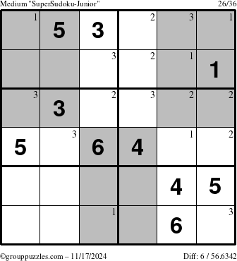 The grouppuzzles.com Medium SuperSudoku-Junior puzzle for Sunday November 17, 2024 with the first 3 steps marked