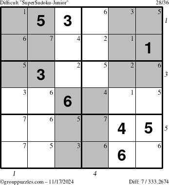 The grouppuzzles.com Difficult SuperSudoku-Junior puzzle for Sunday November 17, 2024 with all 7 steps marked