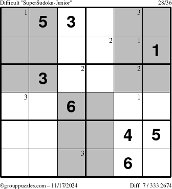 The grouppuzzles.com Difficult SuperSudoku-Junior puzzle for Sunday November 17, 2024 with the first 3 steps marked