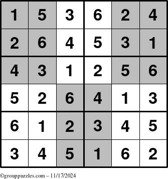 The grouppuzzles.com Answer grid for the SuperSudoku-Junior puzzle for Sunday November 17, 2024