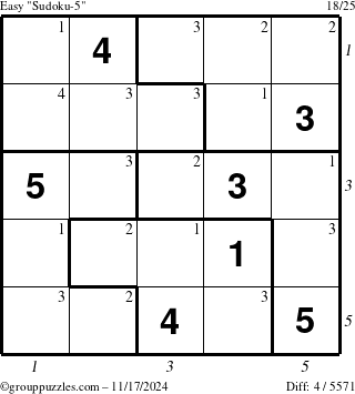 The grouppuzzles.com Easy Sudoku-5 puzzle for Sunday November 17, 2024 with all 4 steps marked