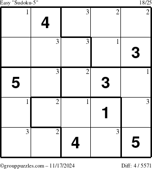 The grouppuzzles.com Easy Sudoku-5 puzzle for Sunday November 17, 2024 with the first 3 steps marked