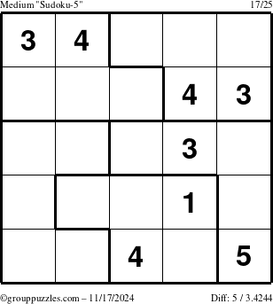 The grouppuzzles.com Medium Sudoku-5 puzzle for Sunday November 17, 2024