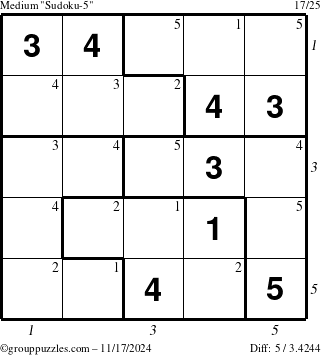 The grouppuzzles.com Medium Sudoku-5 puzzle for Sunday November 17, 2024 with all 5 steps marked