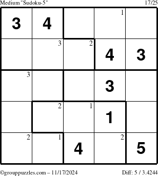 The grouppuzzles.com Medium Sudoku-5 puzzle for Sunday November 17, 2024 with the first 3 steps marked