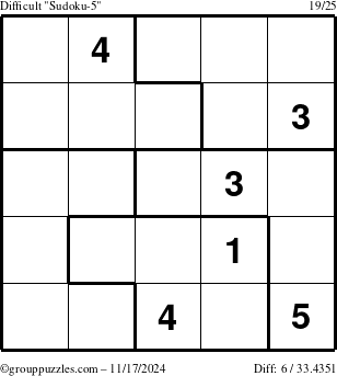 The grouppuzzles.com Difficult Sudoku-5 puzzle for Sunday November 17, 2024