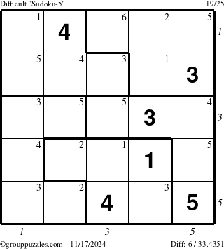 The grouppuzzles.com Difficult Sudoku-5 puzzle for Sunday November 17, 2024, suitable for printing, with all 6 steps marked