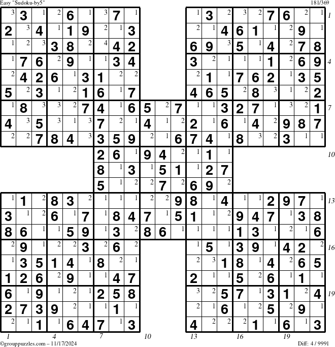 The grouppuzzles.com Easy Sudoku-by5 puzzle for Sunday November 17, 2024 with all 4 steps marked