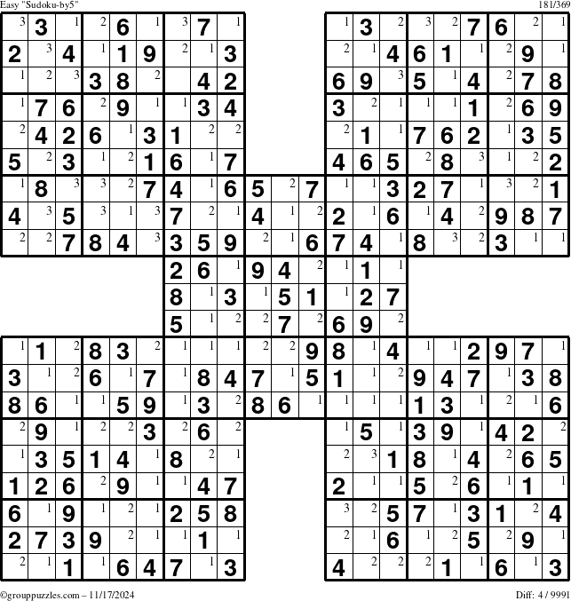 The grouppuzzles.com Easy Sudoku-by5 puzzle for Sunday November 17, 2024 with the first 3 steps marked