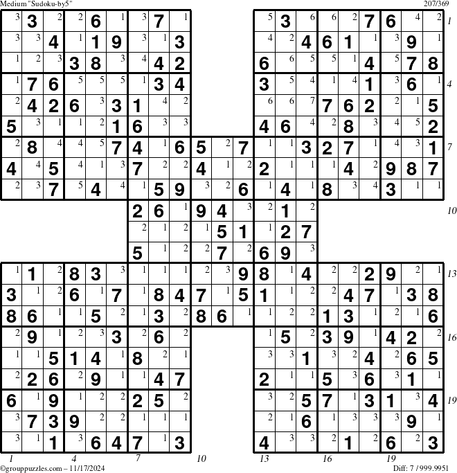 The grouppuzzles.com Medium Sudoku-by5 puzzle for Sunday November 17, 2024 with all 7 steps marked