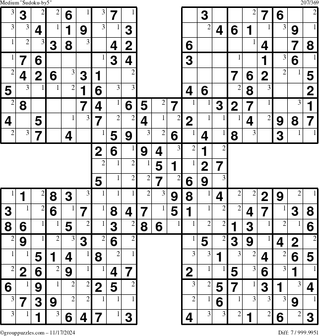 The grouppuzzles.com Medium Sudoku-by5 puzzle for Sunday November 17, 2024 with the first 3 steps marked