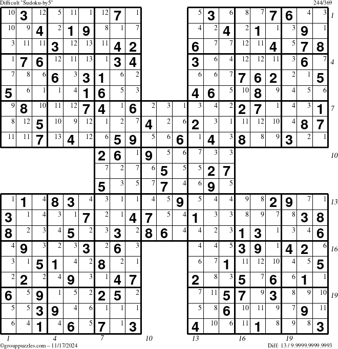 The grouppuzzles.com Difficult Sudoku-by5 puzzle for Sunday November 17, 2024 with all 13 steps marked