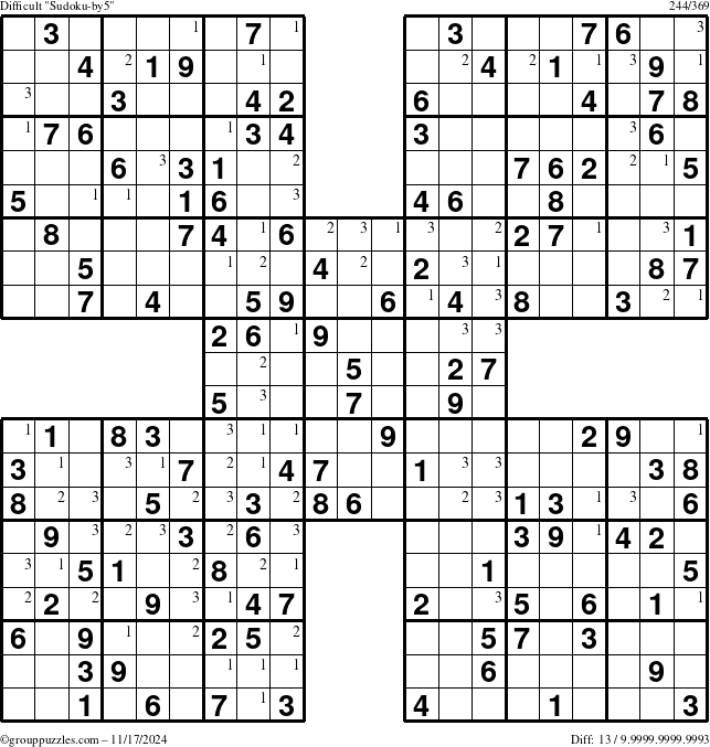 The grouppuzzles.com Difficult Sudoku-by5 puzzle for Sunday November 17, 2024 with the first 3 steps marked