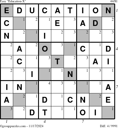 The grouppuzzles.com Easy Education-X puzzle for Sunday November 17, 2024 with all 4 steps marked