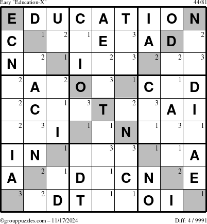 The grouppuzzles.com Easy Education-X puzzle for Sunday November 17, 2024 with the first 3 steps marked