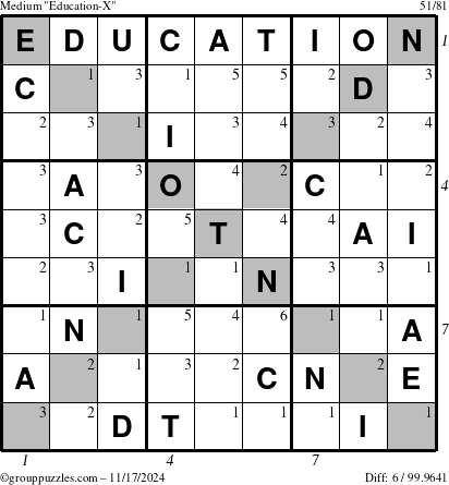 The grouppuzzles.com Medium Education-X puzzle for Sunday November 17, 2024, suitable for printing, with all 6 steps marked