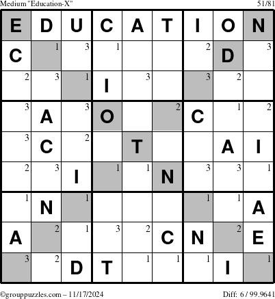 The grouppuzzles.com Medium Education-X puzzle for Sunday November 17, 2024 with the first 3 steps marked