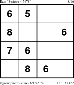 The grouppuzzles.com Easy Sudoku-4-5678 puzzle for Wednesday June 12, 2024