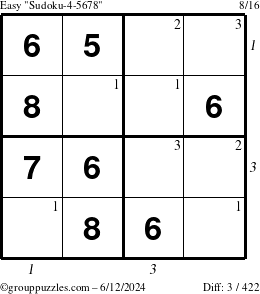 The grouppuzzles.com Easy Sudoku-4-5678 puzzle for Wednesday June 12, 2024, suitable for printing, with all 3 steps marked