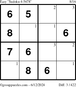 The grouppuzzles.com Easy Sudoku-4-5678 puzzle for Wednesday June 12, 2024 with the first 3 steps marked