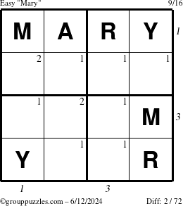 The grouppuzzles.com Easy Mary puzzle for Wednesday June 12, 2024, suitable for printing, with all 2 steps marked