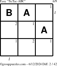 The grouppuzzles.com Easy TicTac-ABC puzzle for Wednesday June 12, 2024 with all 2 steps marked