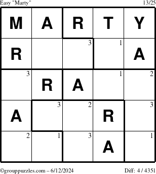 The grouppuzzles.com Easy Marty puzzle for Wednesday June 12, 2024 with the first 3 steps marked