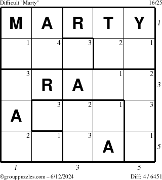 The grouppuzzles.com Difficult Marty puzzle for Wednesday June 12, 2024 with all 4 steps marked