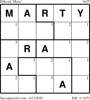 The grouppuzzles.com Difficult Marty puzzle for Wednesday June 12, 2024 with the first 3 steps marked