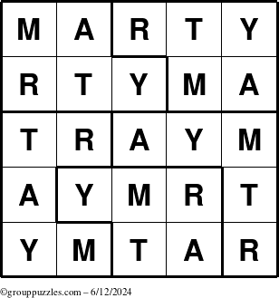 The grouppuzzles.com Answer grid for the Marty puzzle for Wednesday June 12, 2024