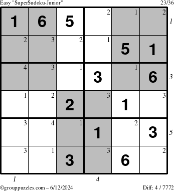 The grouppuzzles.com Easy SuperSudoku-Junior puzzle for Wednesday June 12, 2024 with all 4 steps marked