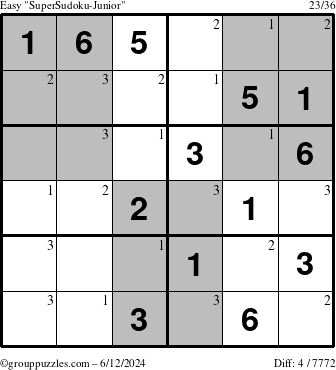 The grouppuzzles.com Easy SuperSudoku-Junior puzzle for Wednesday June 12, 2024 with the first 3 steps marked