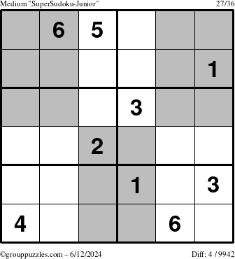 The grouppuzzles.com Medium SuperSudoku-Junior puzzle for Wednesday June 12, 2024