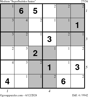 The grouppuzzles.com Medium SuperSudoku-Junior puzzle for Wednesday June 12, 2024 with all 4 steps marked