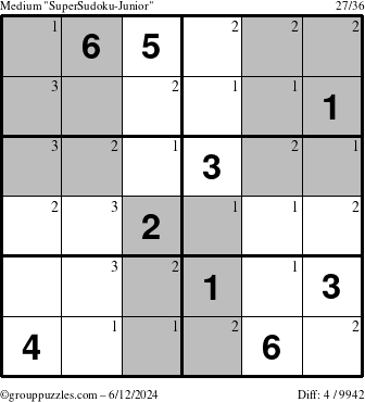 The grouppuzzles.com Medium SuperSudoku-Junior puzzle for Wednesday June 12, 2024 with the first 3 steps marked