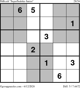 The grouppuzzles.com Difficult SuperSudoku-Junior puzzle for Wednesday June 12, 2024