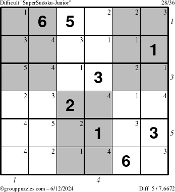 The grouppuzzles.com Difficult SuperSudoku-Junior puzzle for Wednesday June 12, 2024 with all 5 steps marked