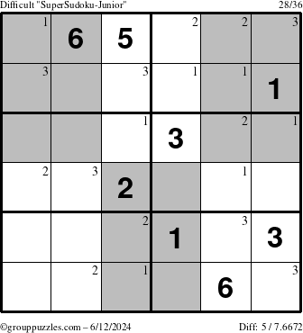 The grouppuzzles.com Difficult SuperSudoku-Junior puzzle for Wednesday June 12, 2024 with the first 3 steps marked