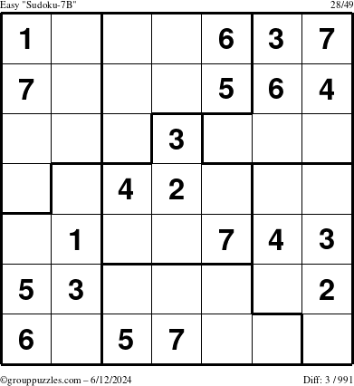 The grouppuzzles.com Easy Sudoku-7B puzzle for Wednesday June 12, 2024