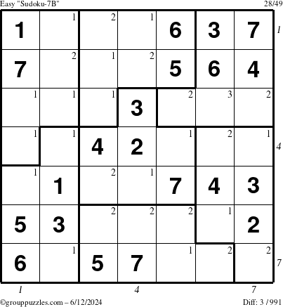 The grouppuzzles.com Easy Sudoku-7B puzzle for Wednesday June 12, 2024 with all 3 steps marked