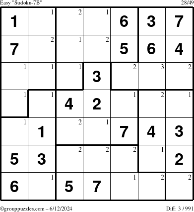 The grouppuzzles.com Easy Sudoku-7B puzzle for Wednesday June 12, 2024 with the first 3 steps marked